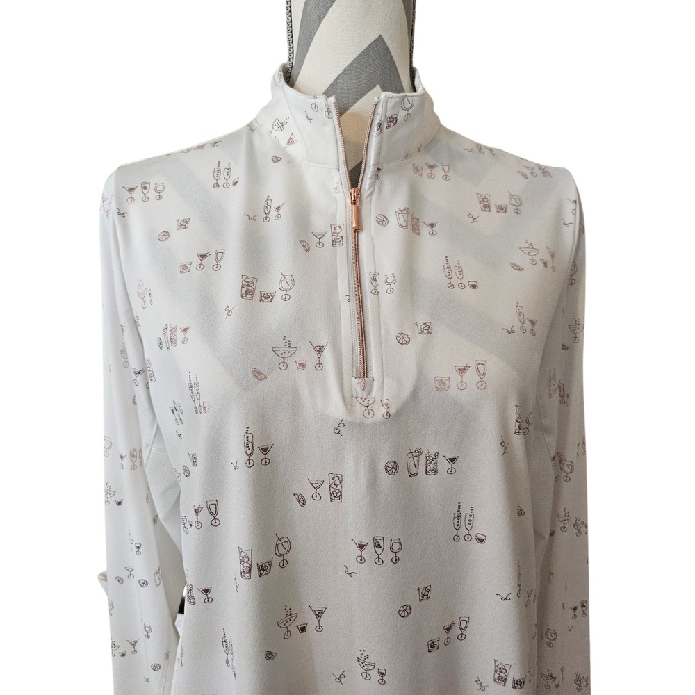 SanSoleil UPF 50 Quarter Zip Performance Shirt White Rose Gold Cocktail Print M